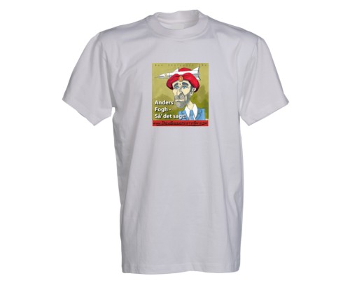Stærk satirisk t-shirt der tager tyk gas på præs forhenværende statsmininster Anders Fogh Rasmussen