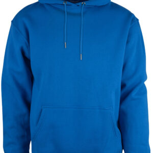 Kornblå hoodie med snøre i hætten, og lomme foran på maven.